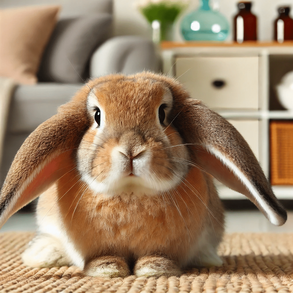 A pet rabbit with droopy ears and a slightly sad expression, illustrating a common health problem such as ear infection, in a comfortable home setting.