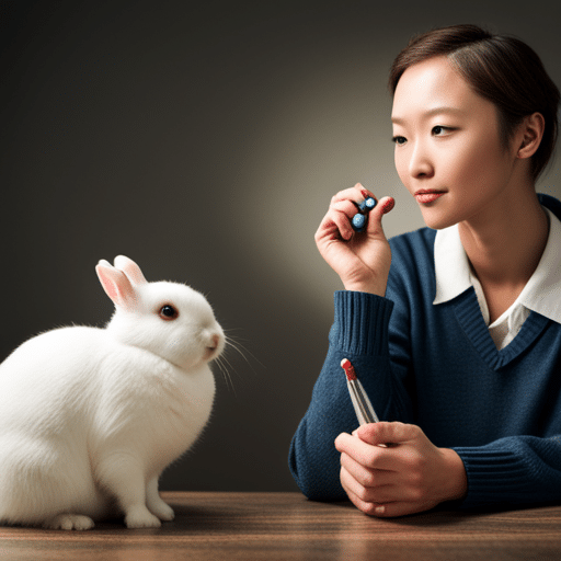 A person holding a clicker and a rabbit looking at it