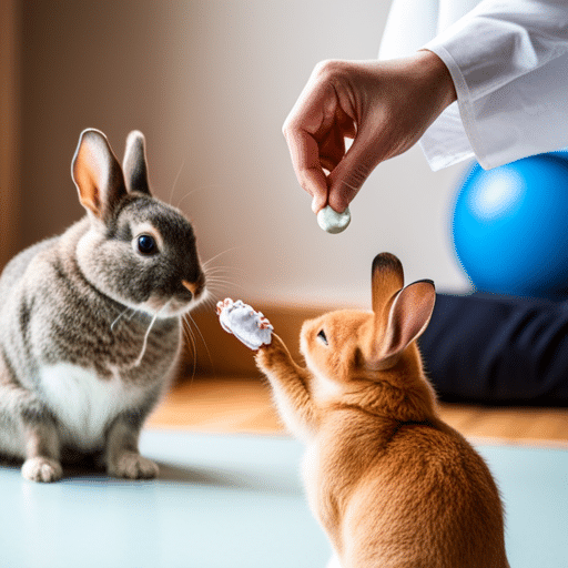 A person holding a clicker and a rabbit looking at it with a treat in the other hand