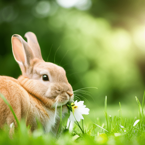 A rabbit eating grass in a meadow