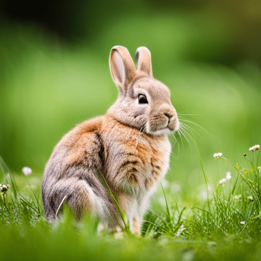 A cute and fluffy bunny also known as European Rabbit, sitting in a grassy field.