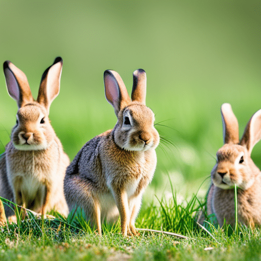 A group of cottontail rabbits in a meadow