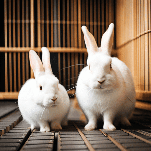 Two rabbits in a large cage, with enough space for each