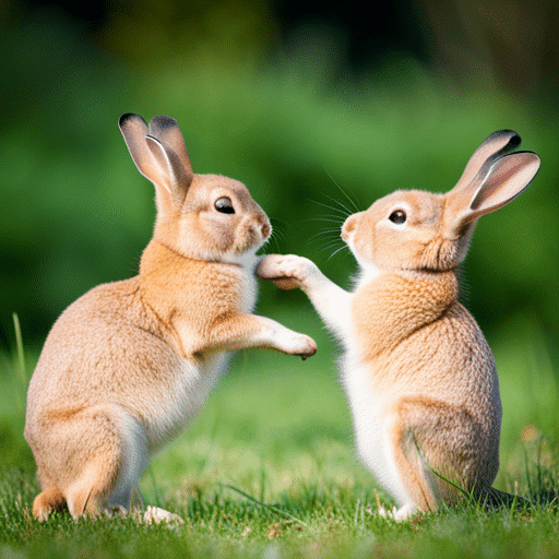 Two pet rabbits playing together in a grassy field