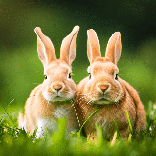 A neutered male and a female rabbit, bonded together in a grassy field