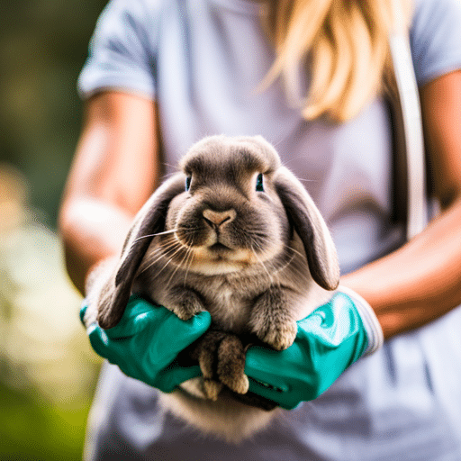 A rescue rabbit being held in a pair of thick gardening gloves