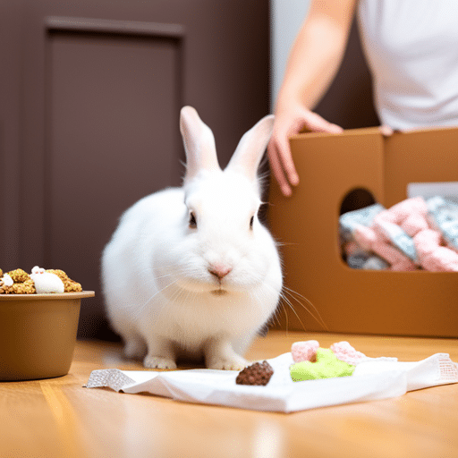 A white rabbit digging in a litter box with a high sided cardboard box in the background and a bowl of treats