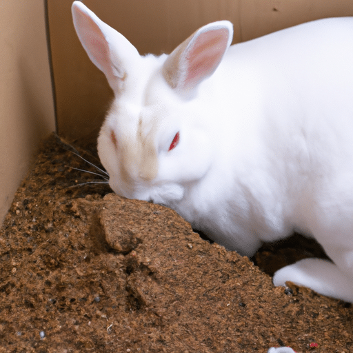 A white rabbit digging in a litter box with a high sided cardboard box in the background