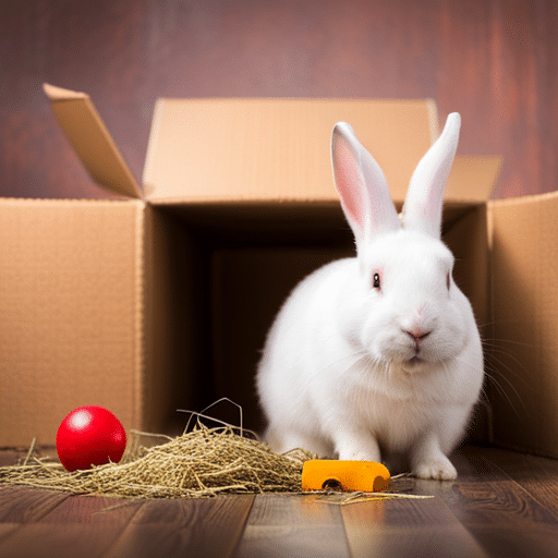 A white rabbit digging in a cardboard box with hay and toys