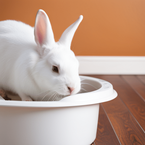 A white rabbit digging in a litter box