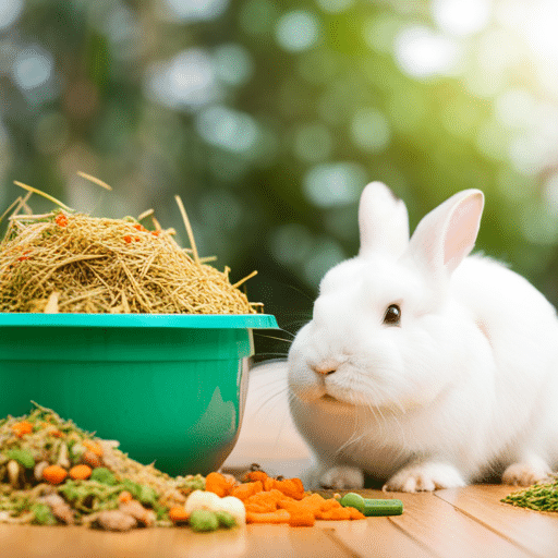 A rabbit eating a variety of hay, vegetables, and pellets from a bowl