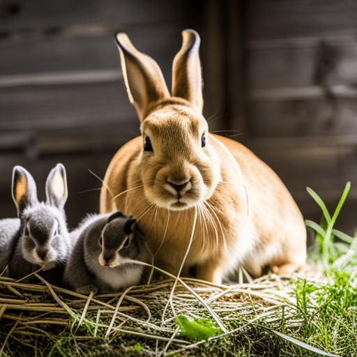 A mother rabbit with her babies in a nest box