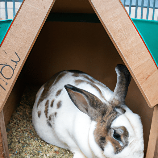 An image showing a pregnant rabbit nesting in a cozy hutch, indicating how to tell when your rabbit is pregnant