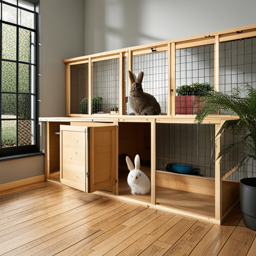 A spacious enclosure with hiding spots and platforms for a rabbit