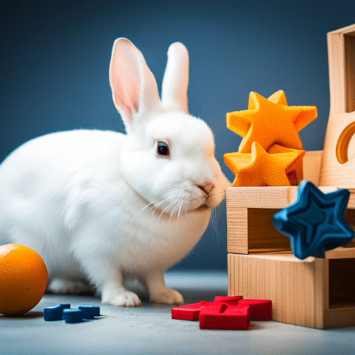 A rabbit playing with a variety of toys