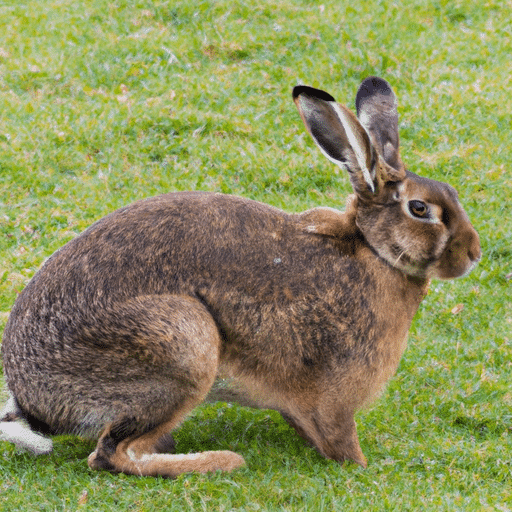 A Belgian Hare rabbit standing in a grassy field, showing its long ears and hind feet