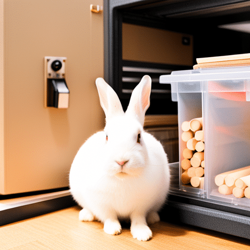 A rabbit in a safe space, surrounded by suitable materials