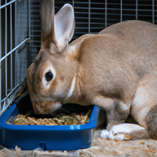 A Belgian Hare rabbit in a cage, eating formulated rabbit food