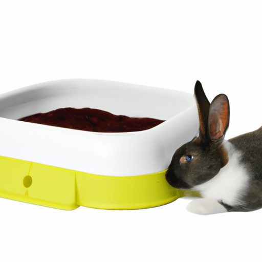 A litter box with a puppy pad inside and a rabbit looking at it