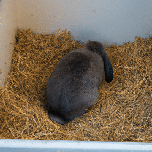 A litter box with hay and a rabbit inside