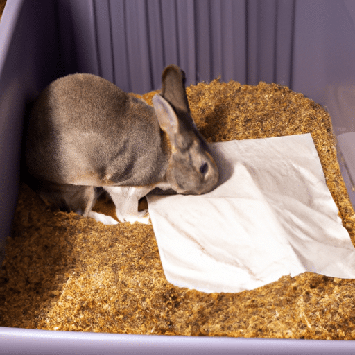 A litter box with hay and a rabbit inside, being cleaned with a paper towel