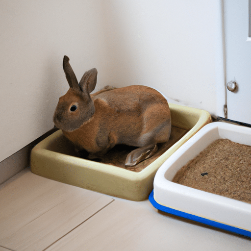 A rabbit in a house with a litter box in the corner