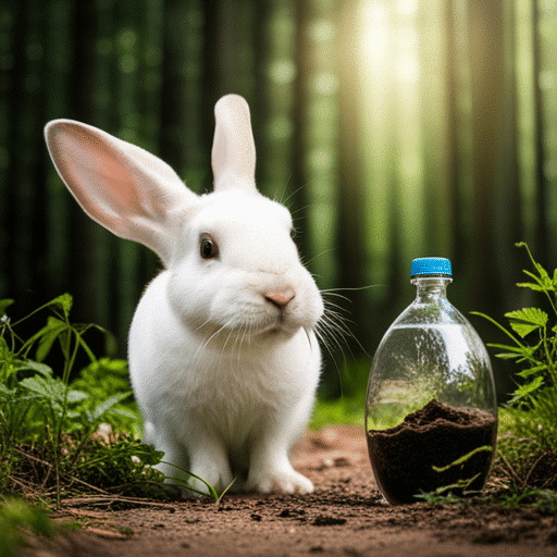 A rabbit being exposed to a new environment, with a water bottle nearby