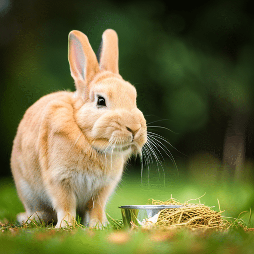 A rabbit eating hay from a bowl twice a day