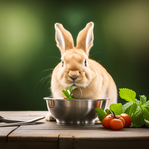 A young rabbit eating from a bowl