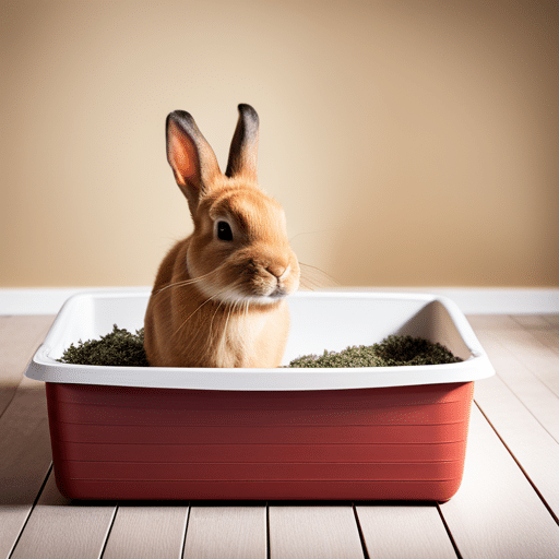 An image of a rabbit litter box filled with appropriate litter material, including hay, paper-based bedding, and organic litter, as recommended for what do you put in a rabbit litter box