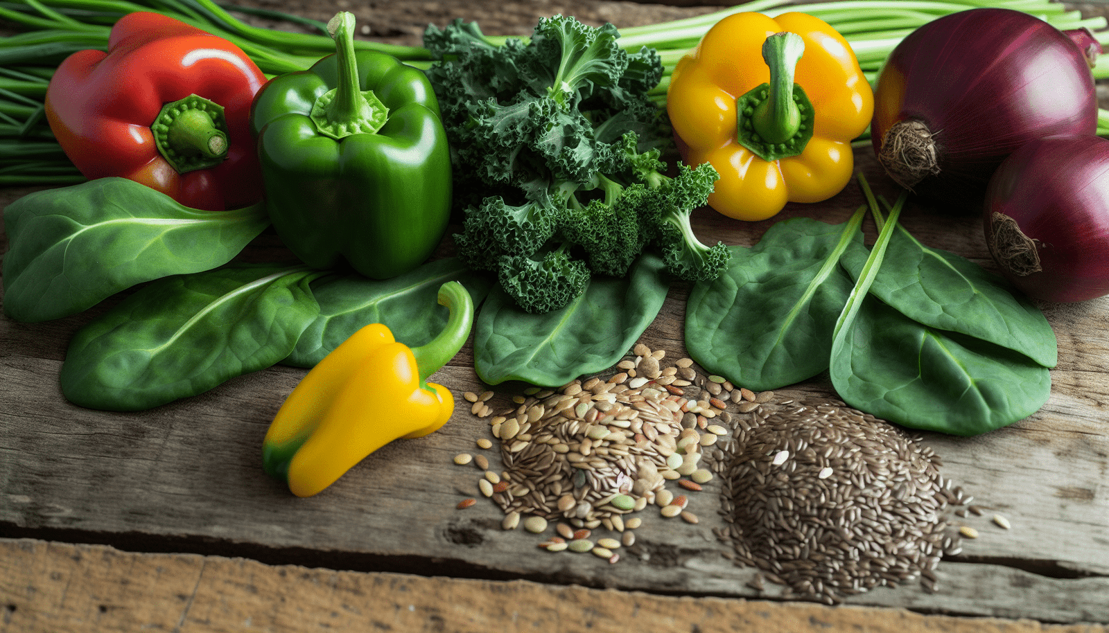 A variety of mineral-rich foods including bell peppers, leafy greens, and seeds
