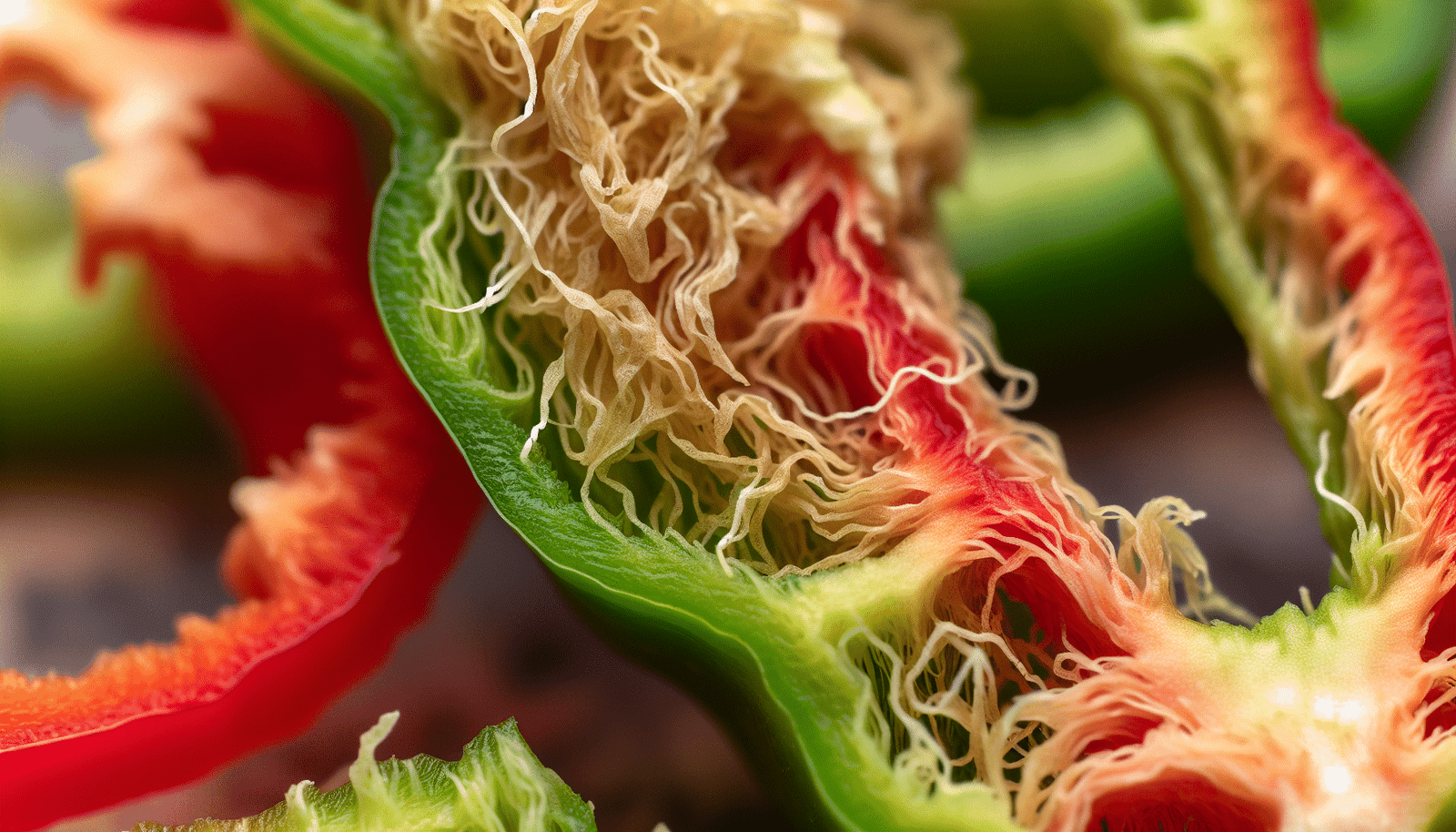 A close-up image of fibrous bell pepper slices
