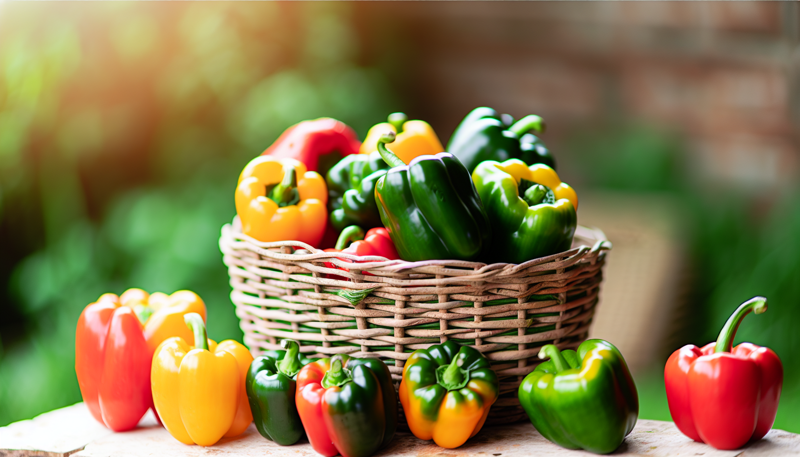 A selection of bell peppers in different colors arranged in a basket