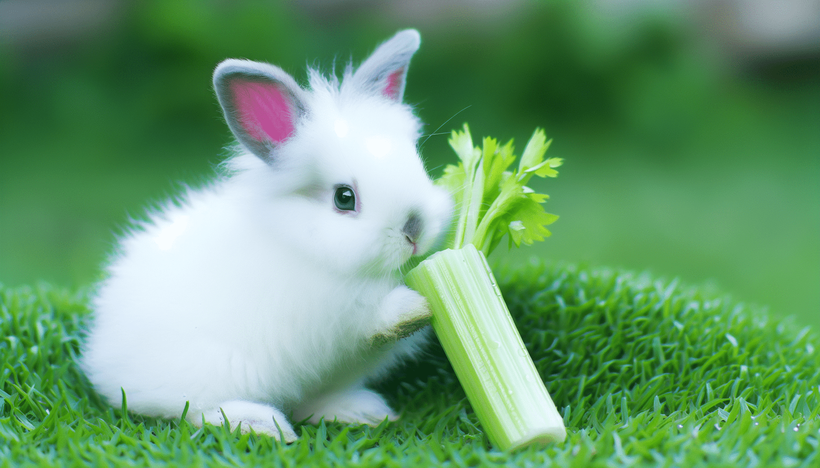 A cute bunny munching on a celery stick