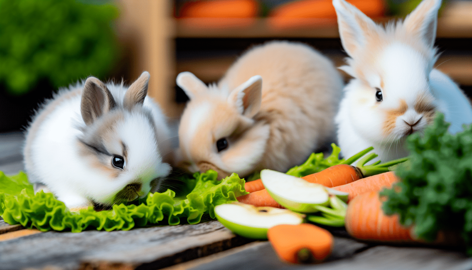 Baby rabbits exploring fresh foods