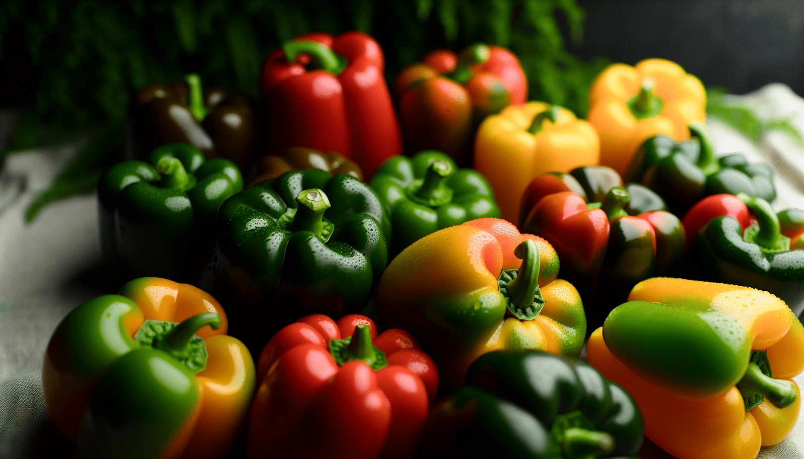 A colorful mix of bell peppers including green, red, yellow, and orange