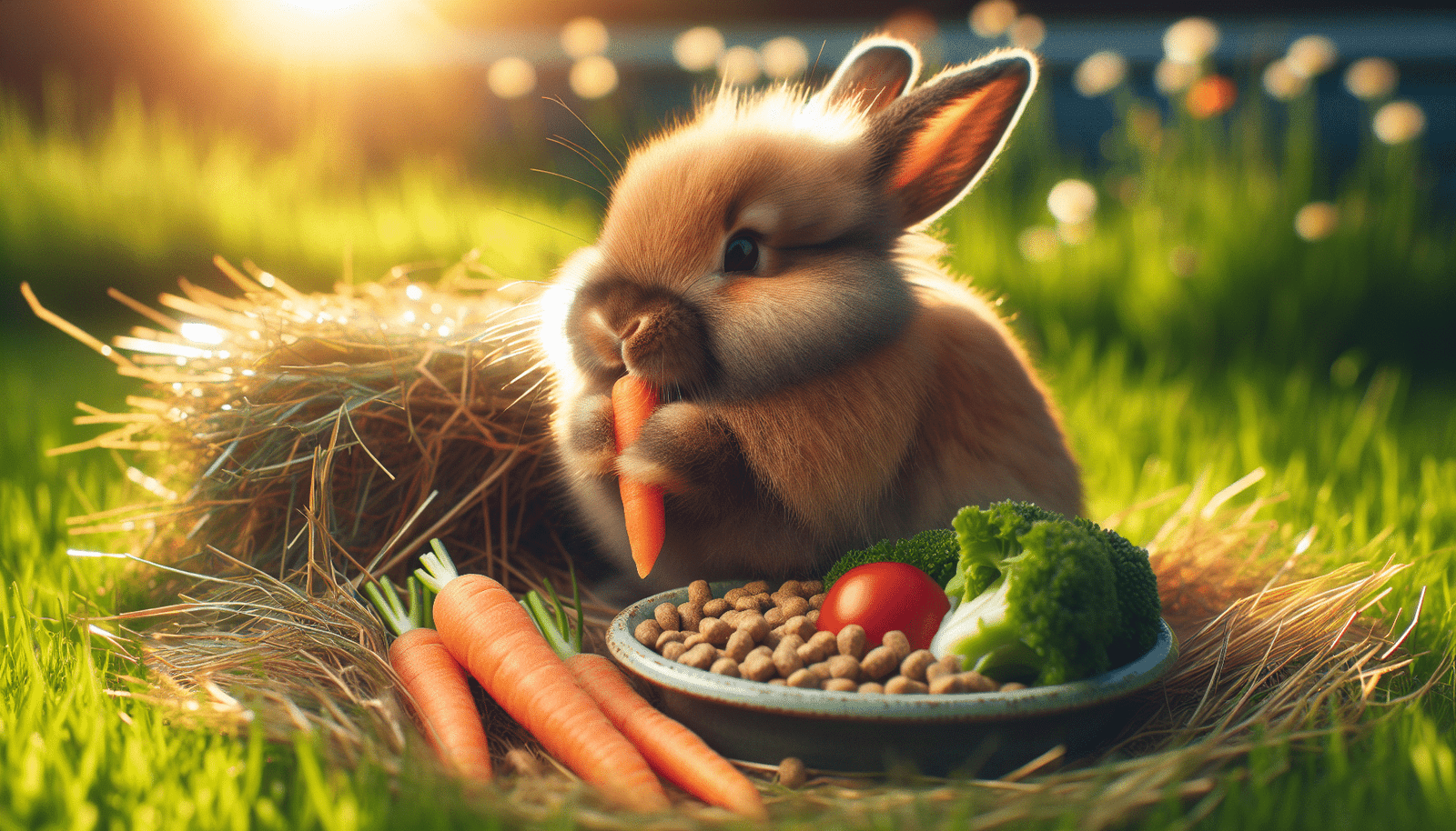 Rabbit enjoying a balanced meal with hay and vegetables