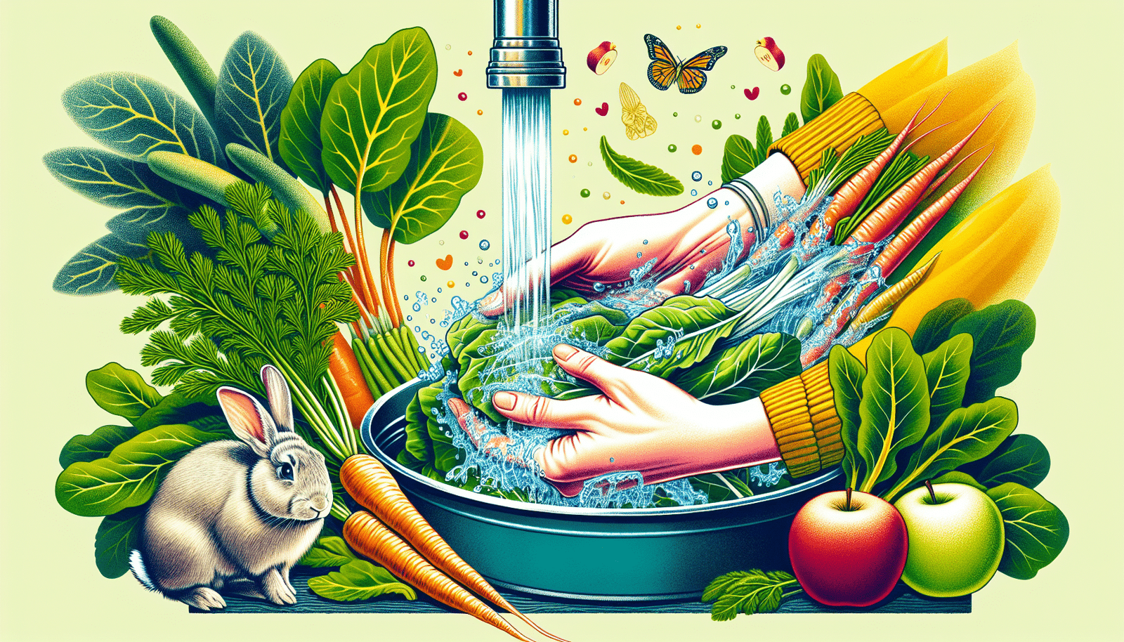 Colorful illustration of washing fruits and vegetables