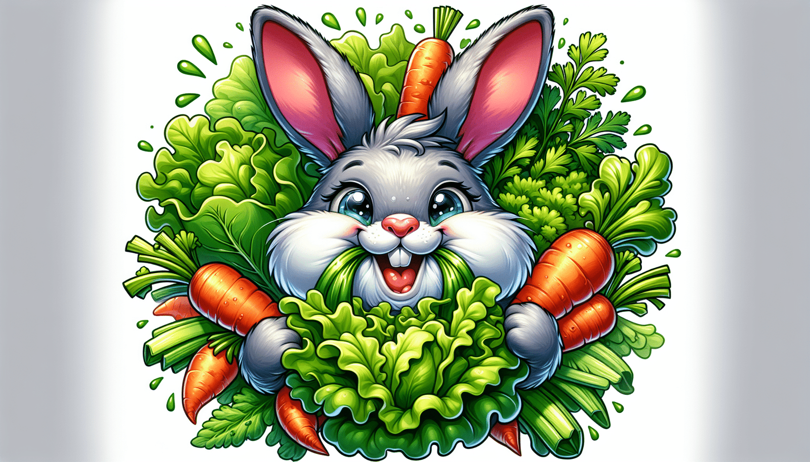 Cartoon image of a rabbit happily eating leafy greens