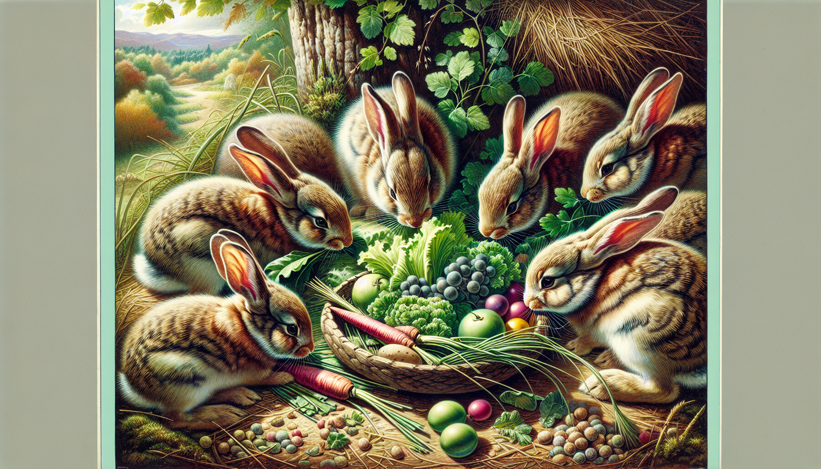 Illustration of captive wild rabbits feeding on a variety of greens and hay