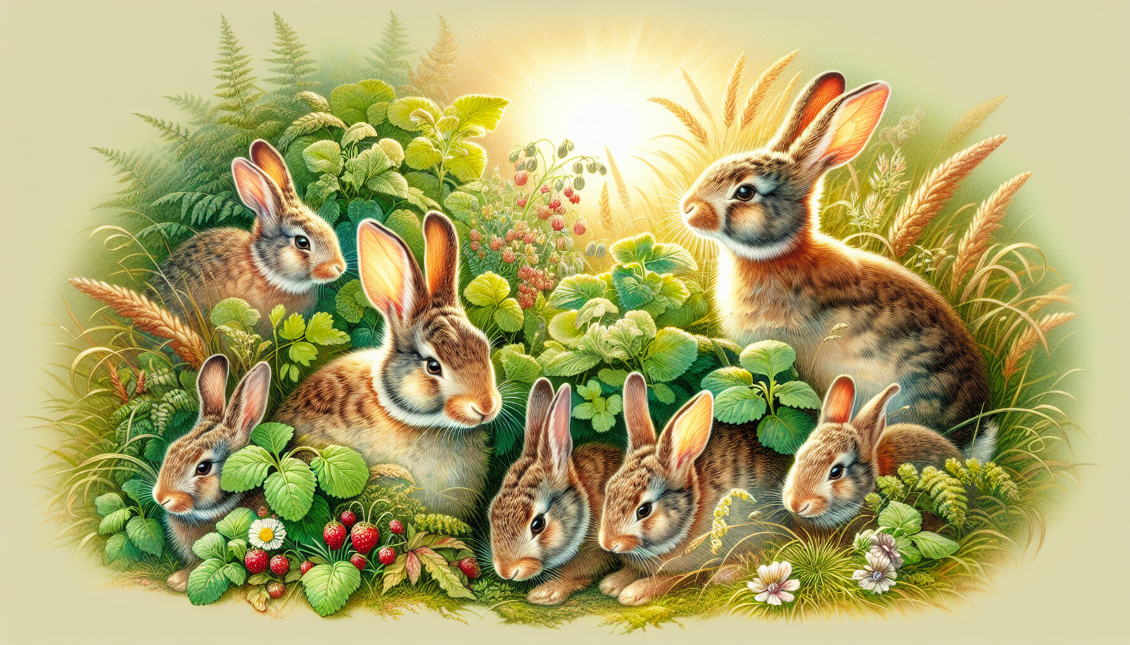 Illustration of wild rabbits grazing on grass and leafy plants