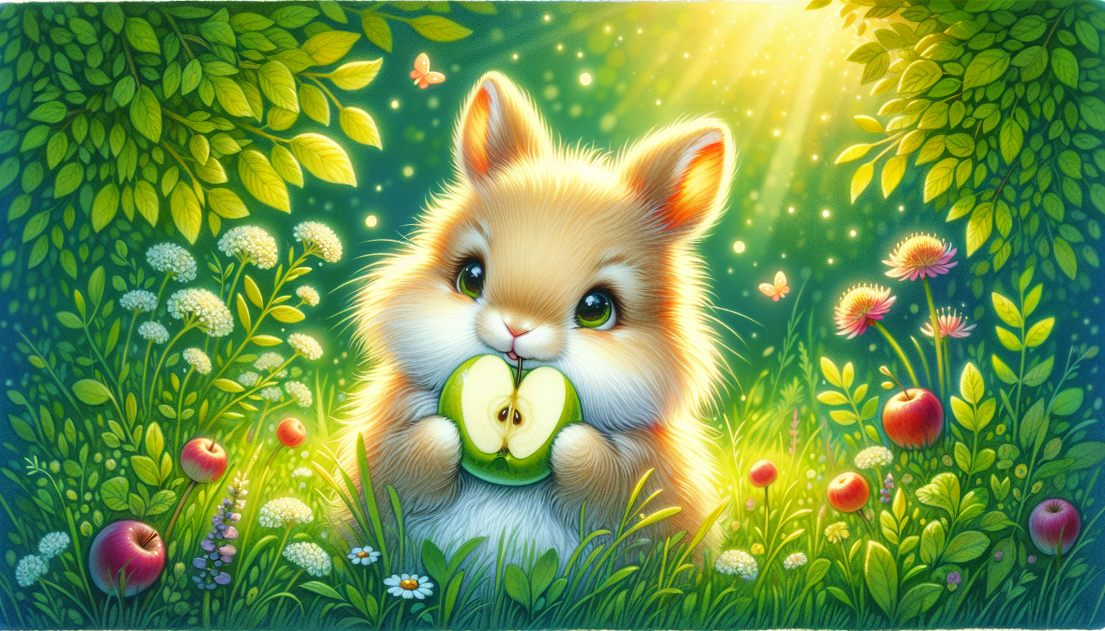 Illustration of a rabbit eating an apple slice