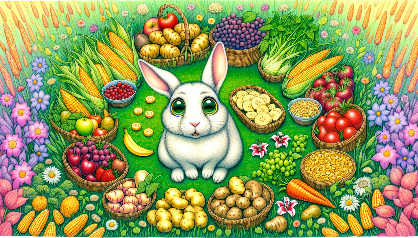 Whimsical illustration of a rabbit surrounded by forbidden foods