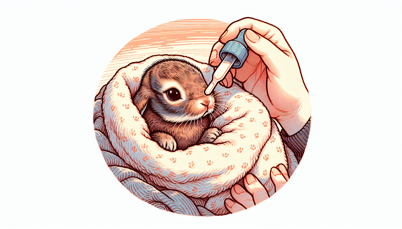 Illustration of an orphaned baby rabbit being cared for
