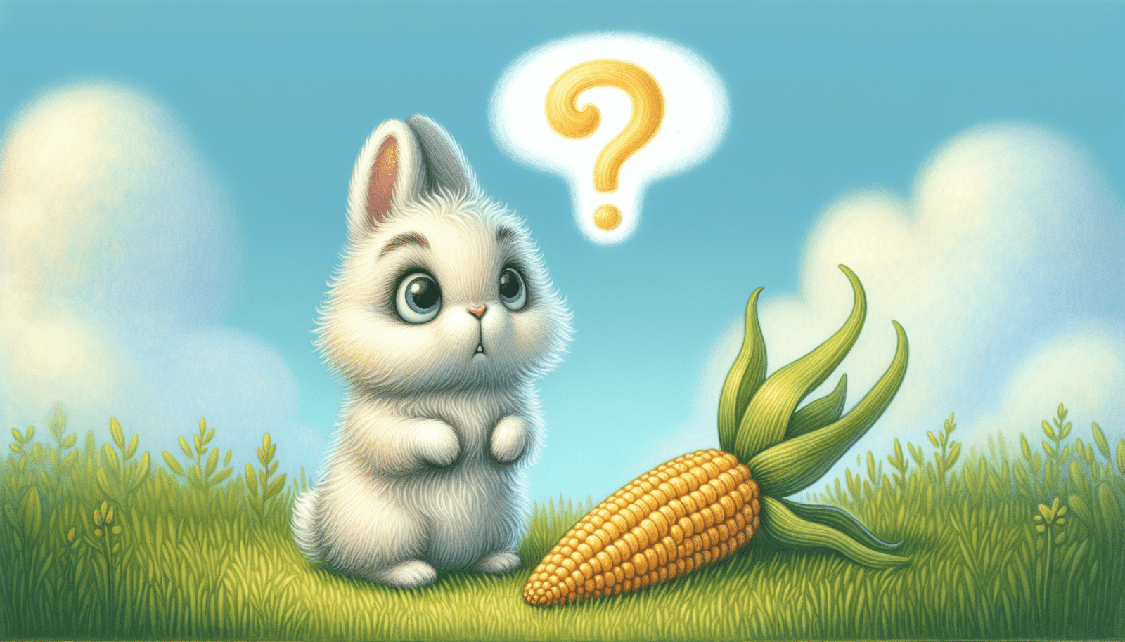 Illustration of a rabbit with a question mark over a corn cob