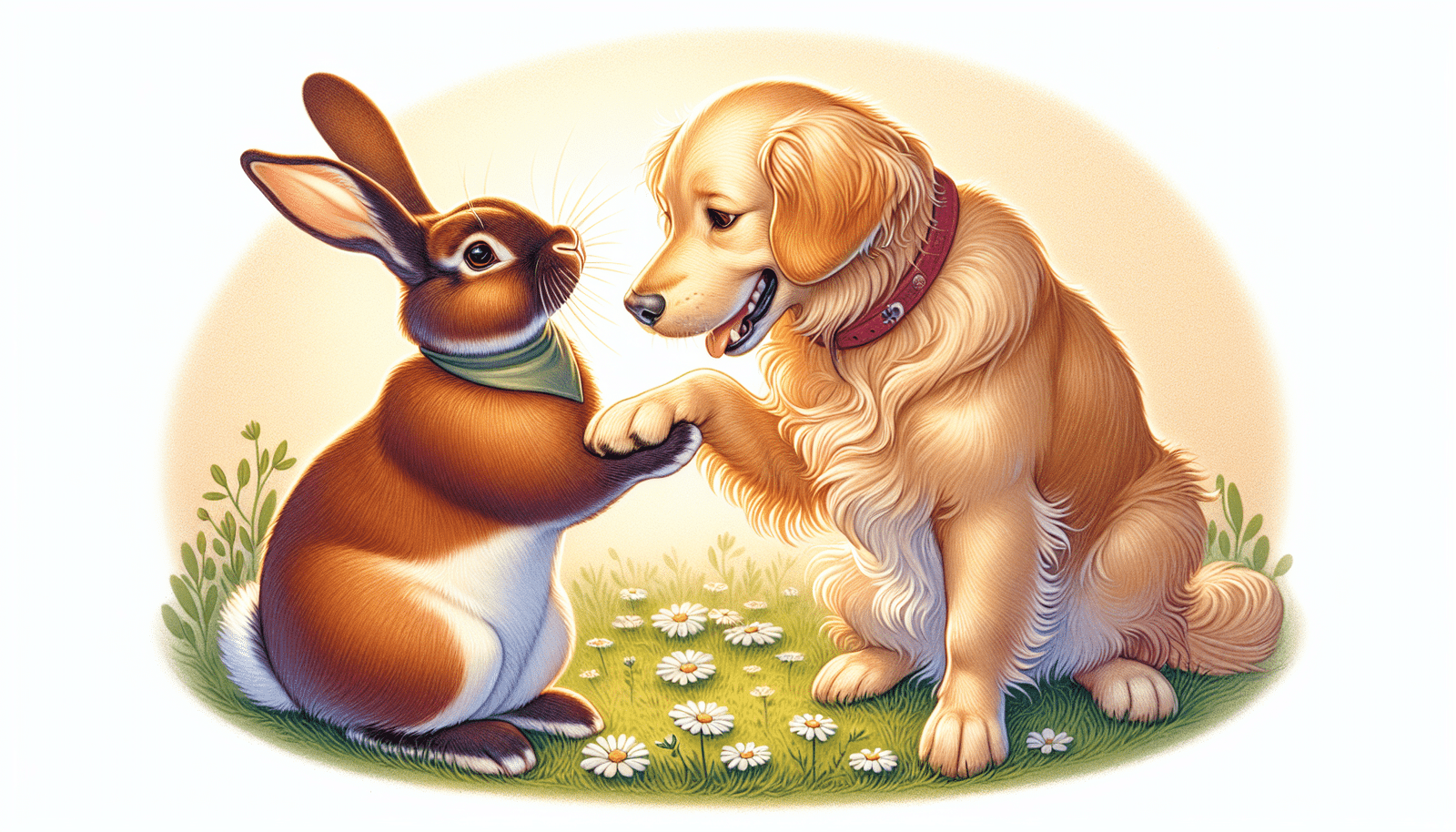 Illustration of a confident and sociable rabbit breed interacting with a dog