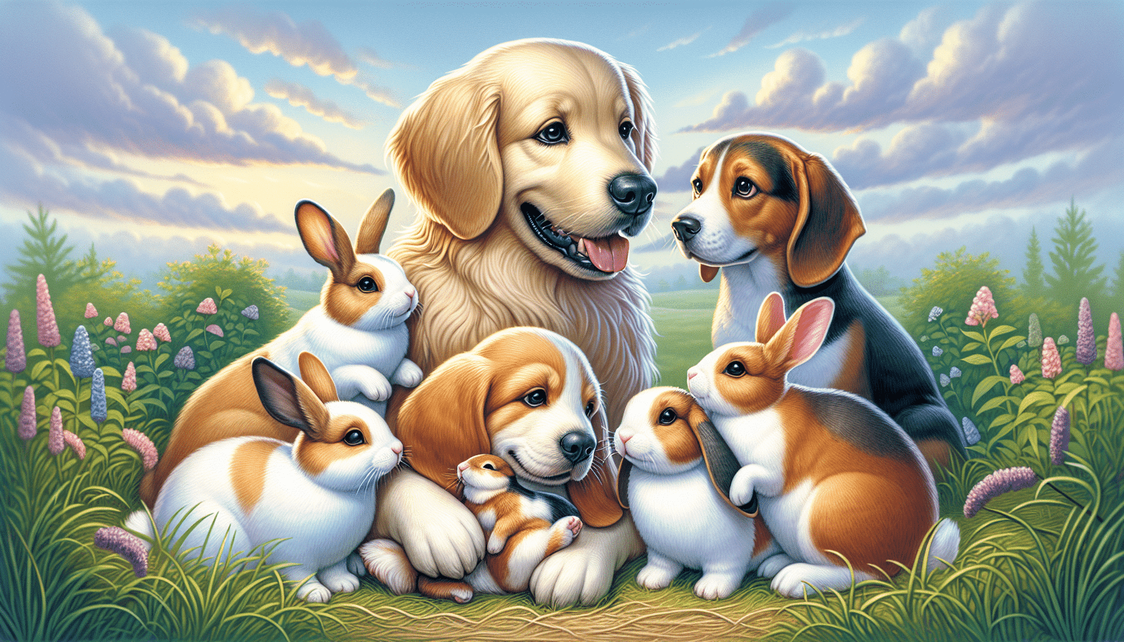 Illustration of various dog breeds with a rabbit in a harmonious setting