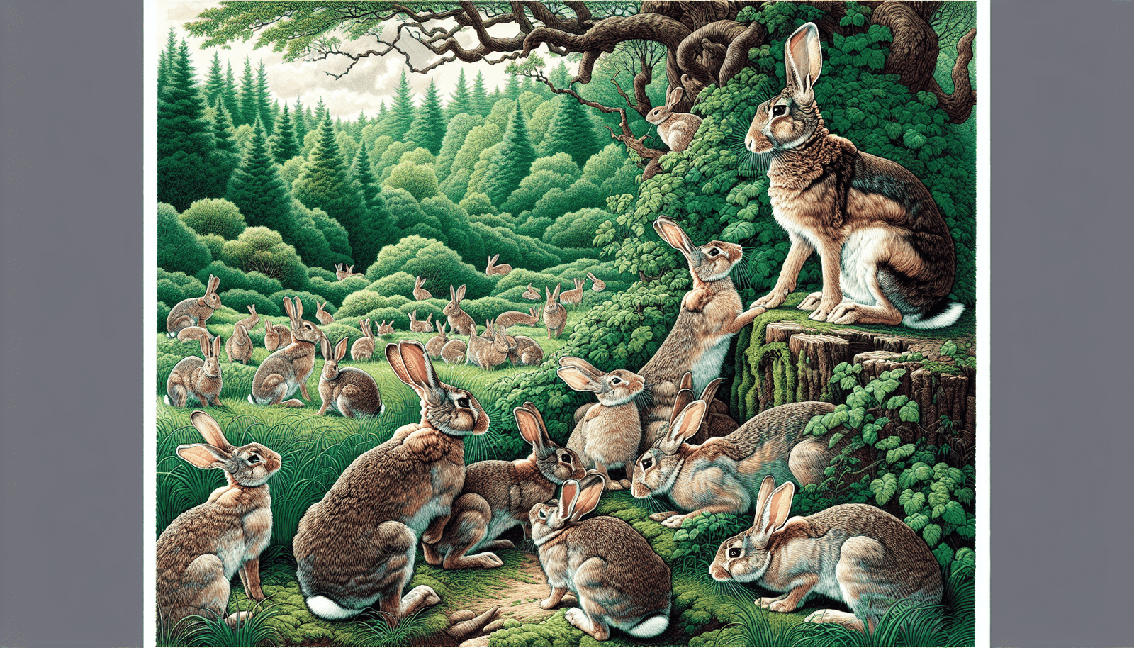 Illustration of wild female rabbits in a social group