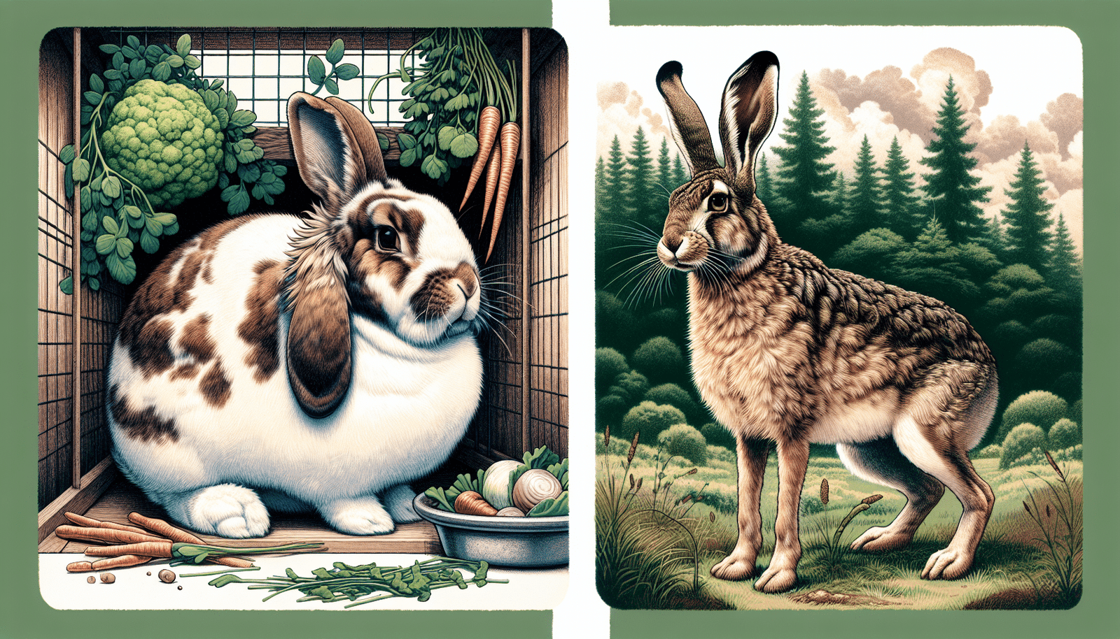 Illustration comparing domestic and wild rabbits