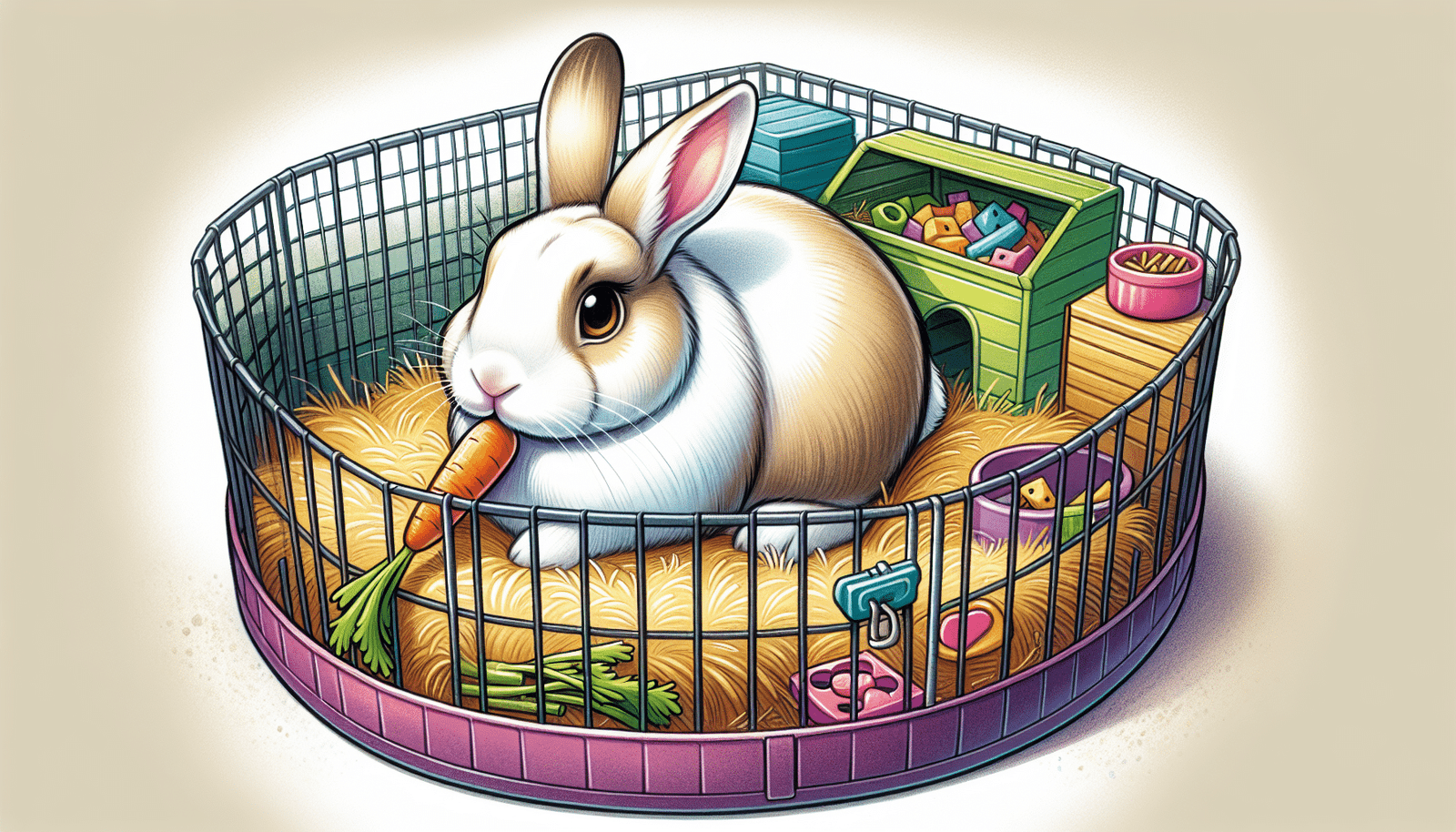 Creative illustration of a female pet rabbit in a secure environment